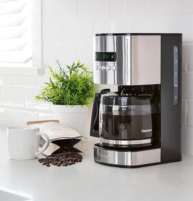 Kenmore Drip Coffee Maker - 12 Cup Programmable Cafe Machine With Glass Pot, Regular & Bold Brew