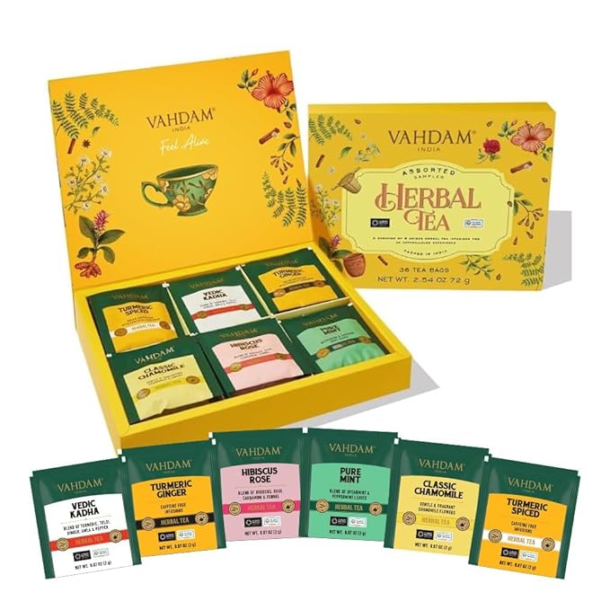 VAHDAM, Assorted Herbal Tea Variety Pack (6 Variants, 36 Tea Bags) Caffeine Free, Gluten Free, Non