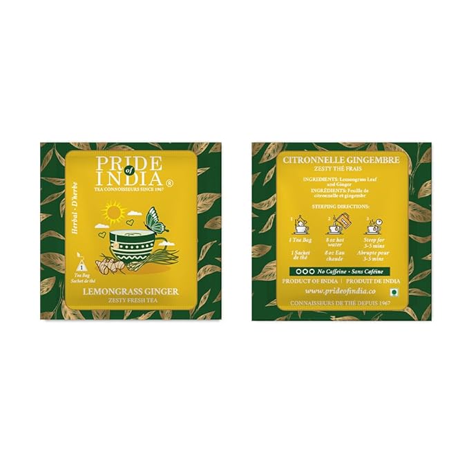 Pride of India | Lemongrass Ginger Zesty Fresh Tea | 15 Pyramid Full Leaf Individually Wrapped Tea