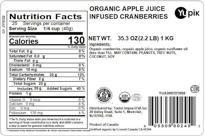 Yupik Organic Cranberries, Apple Juice Infused, 2.2 lb, Non-GMO, Gluten-Free, Vegan, Kosher, Dried