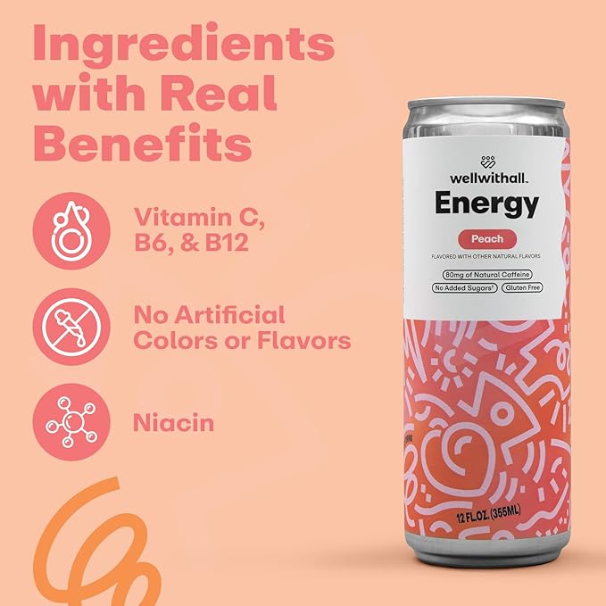 WellWithAll Peach Energy Drink ??Caffeine from Tea ??With Vitamin C ??Lightly Sparkling Beverage