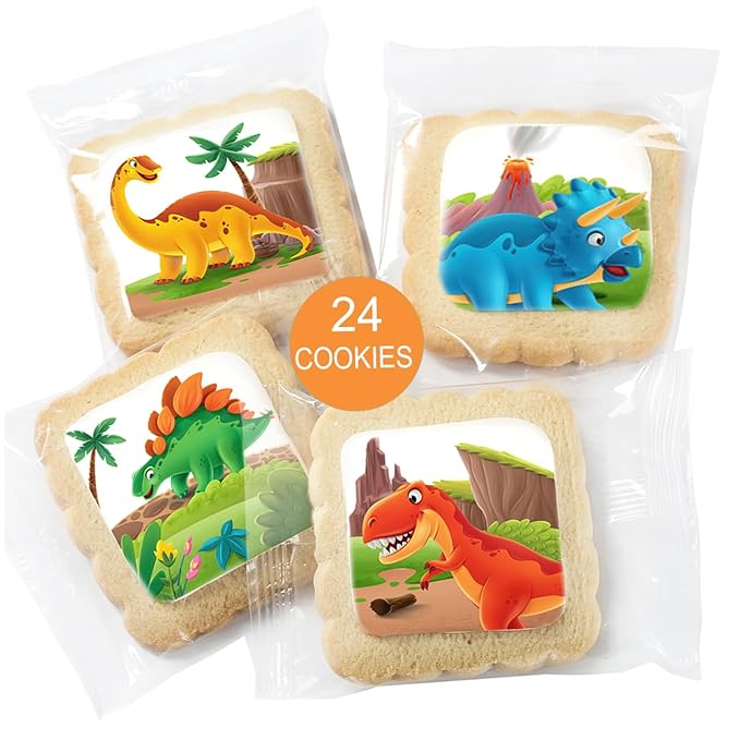 Dinosaur Cookies Individually Wrapped Dino Jurrasic themed Theme Party Favors 24 Pack Bulk for Kids