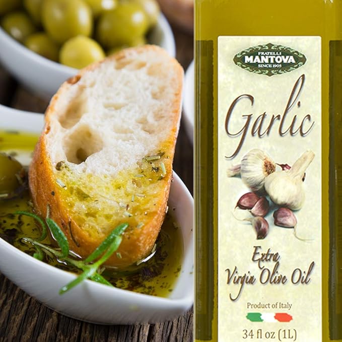 Mantova Garlic Extra Virgin Olive Oil (EVOO), Cold-Pressed and Imported from Italy 34 oz Glass