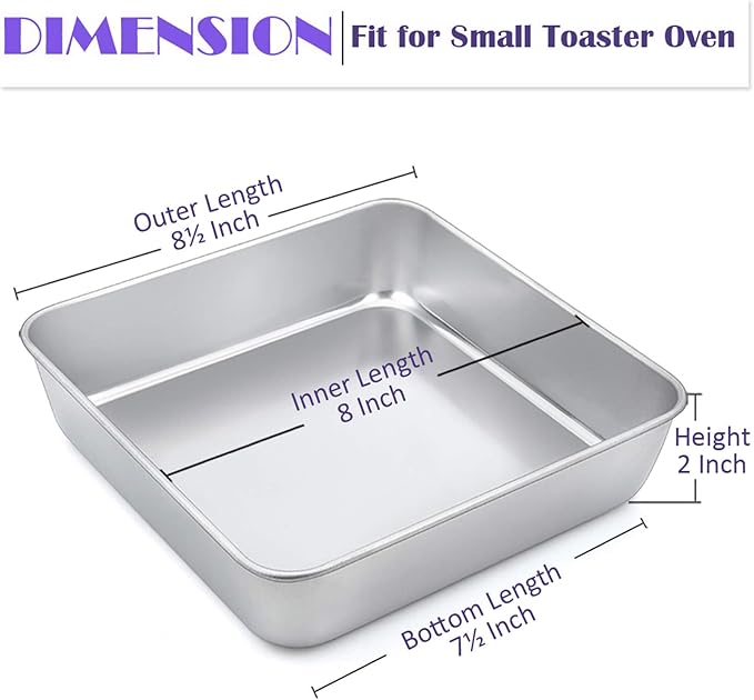 8 x 8-Inch Baking Pan, E-far Square Cake Brownie Baking Pans Stainless Steel Bakeware Set of 3