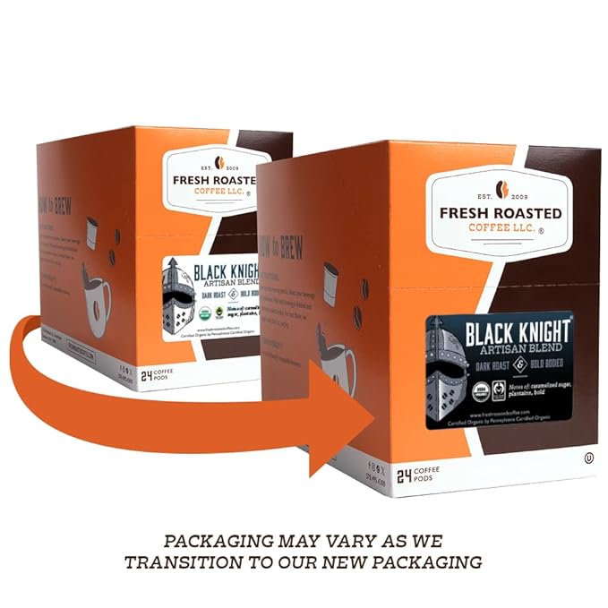 Fresh Roasted Coffee, Organic Black Knight | USDA Organic, Kosher | Dark Roast 24 Pods for K Cup