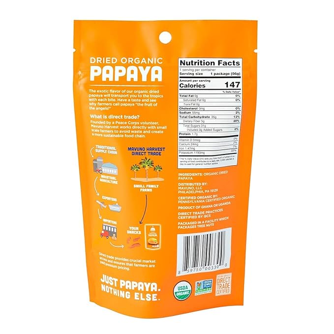 Mavuno Harvest Papaya Dried Fruit Snacks | Organic Dried Papaya Slices | Gluten Free Healthy Snacks