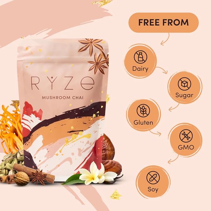 RYZE SUPERFOODS Mushroom Chai with 6 Organic Adaptogenic Mushrooms for Better Energy, Focus