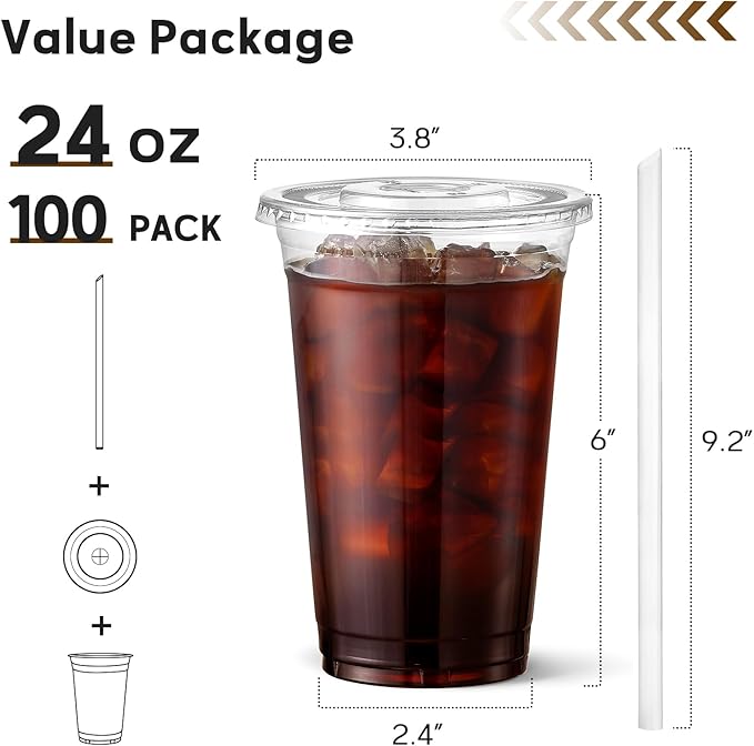 AOZITA 100 Pack 24 oz Disposable Plastic Cups with Lids and Straws, Clear Iced Coffee Cups for Cold