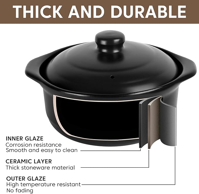 Ceramic Pots Casserole Soup Bowl with Lid Large Stock Clay Pot for Cooking (Black, 3.4 Quart)