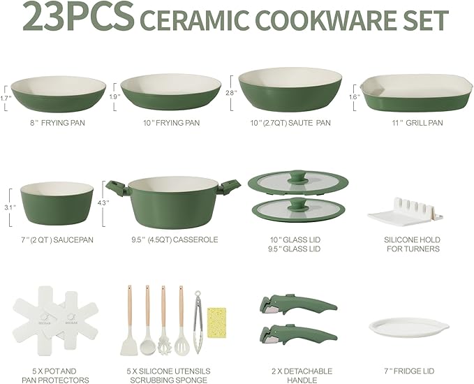 23pcs Ceramic Pots and Pans Set, Nonstick Detachable Handle Cookware, Induction Kitchen Cooking Set