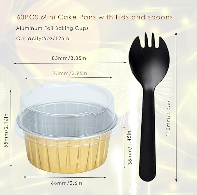 60 Pcs Mini Cake Pans with Lids,5oz Aluminum Foil Baking Cups Round Mini Disposable Ramekins 125ml