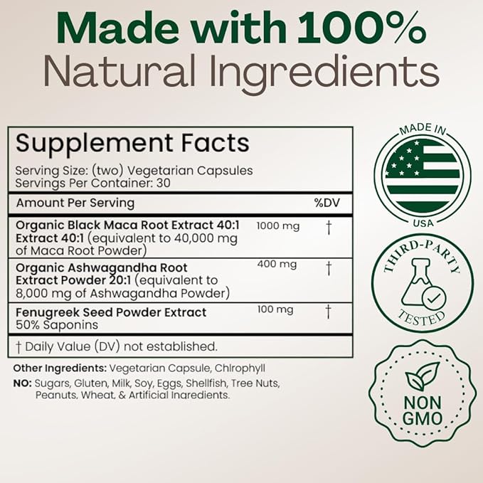 MACAPLUS+ Black Maca Root + Ashwagandha + Fenugreek - #1 Highest Potency Black Maca Root 40,000mg