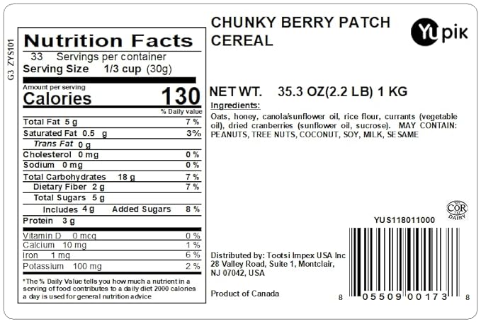 Yupik Granola Cereal, Chunky Berry Patch, 2.2 lb, a granola mix of oats, currants, cranberries, and