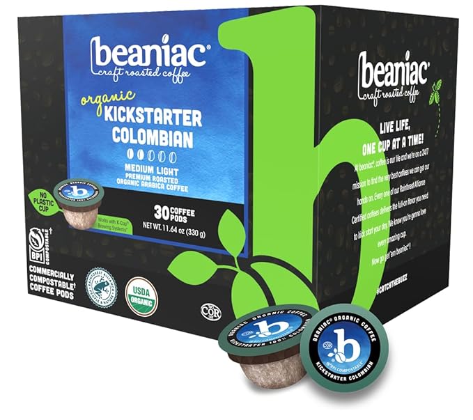 beaniac Organic Kickstarter Colombian, Medium Light Roast, Single Serve Compostable K Cup Coffee