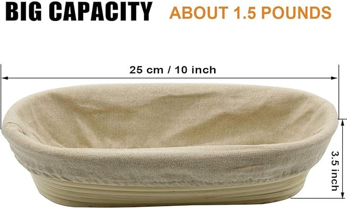 2 PCS 10 inch Oval Long Banneton Brotform Bread Dough Proofing Rising Rattan Basket & Liner for