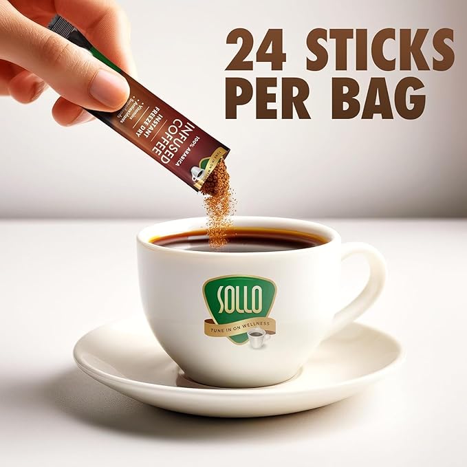 Sollo Infused Instant Chaga Mushroom Coffee Sticks (24 Servings) Memory & Clarity Support, 100%