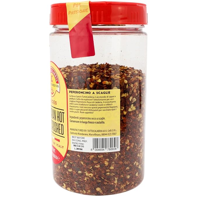 TUTTOCALABRIA Calabrian Crushed Chili Dry Pepper Flakes, Large Shaker, Product of Italy, 250 gm