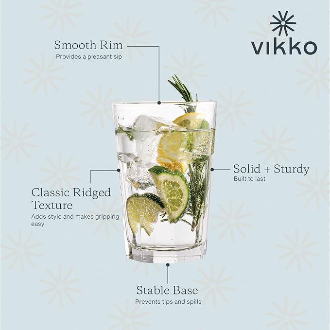 Vikko Large Drinking Glasses, 14 Ounce Glass Cups, Durable Glasses Drinking Set of 12, Stackable