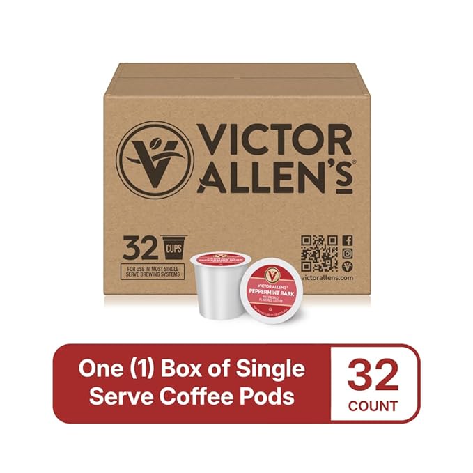 Victor Allen's Coffee Peppermint Bark Flavored, Medium Roast, 32 Count, Single Serve Coffee Pods