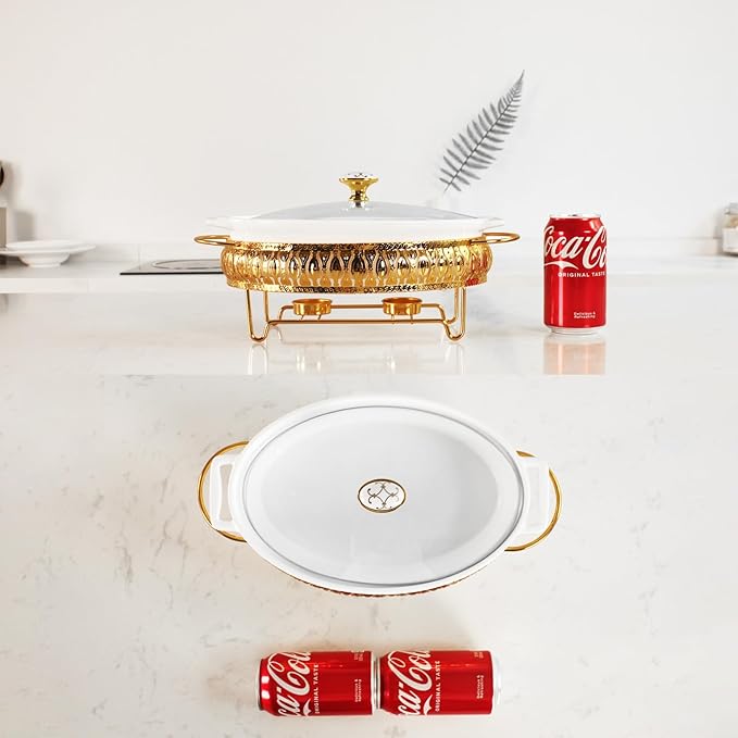 10" x 7" Ceramic Oval Casserole Dish with Glass Lid and Gold rack, 30 Ounce White Serving Soup
