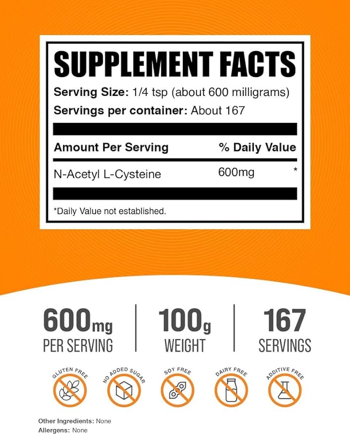 BulkSupplements.com NAC Powder - N-Acetyl Cysteine 600mg, NAC Supplement - Antioxidant Support