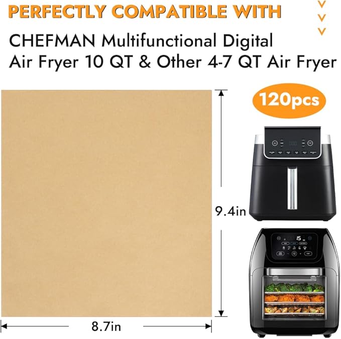 BYKITCHEN 9.4x8.7in Air Fryer Liners Compatible with 4-7QT Airfryer &CHEFMAN 10QT Multifunctional