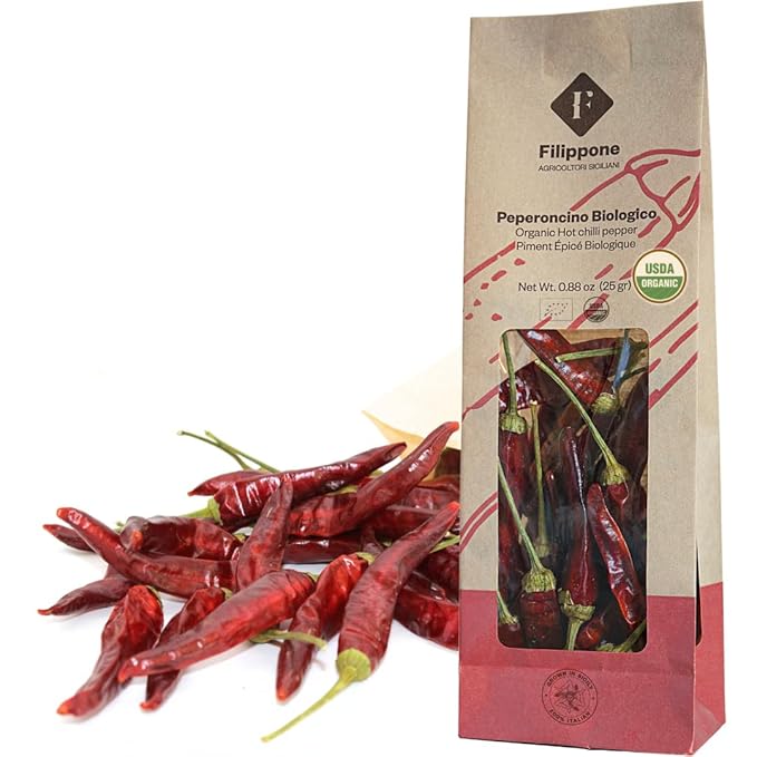 FILIPPONE - Organic Whole Dried Chili Peppers, on Stem, 25 g (0.88 oz), Spicy Sicilian Pepperoncino