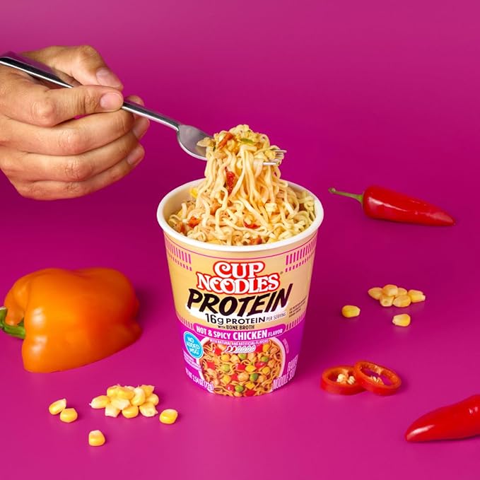 Nissin Cup Noodles Protein Ramen, Chicken Flavor Spicy Ramen with Bone Broth, 16g Protein, 2.54