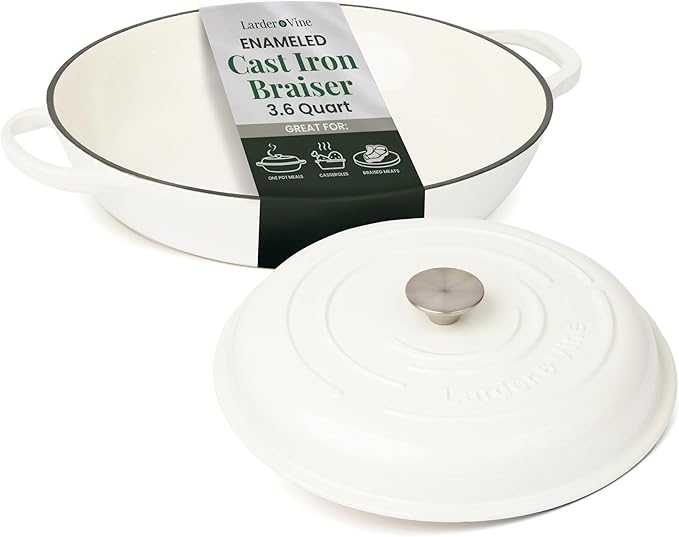 Larder & Vine Enameled Cast Iron Braiser | 3.6 qt Braiser Pan with Lid | Shallow Dutch Oven