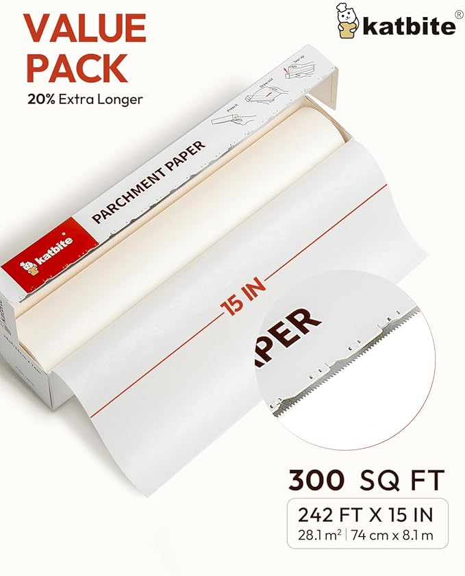 Katbite 15in x 242ft, 300 Sq.Ft Value Pack Parchment Paper Roll for Baking, Parchment Baking Paper