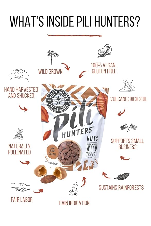 Pili Hunters - Wild Sprouted Pili Nuts, Raw Cacao (4 oz Bag) Vegan Snack for Low Carb Energy
