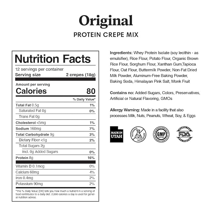 ProDough High Protein- Gluten Free French Crepe Mix, Low Carb, 8g of Protein per Serving, No Added