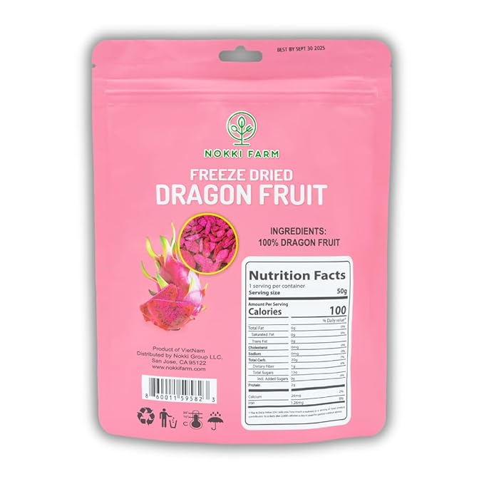 NOKKI FARM Freeze Dried Dragon Fruit - Healthy & Exotic Tropical Superfood Snacks, No Added Sugar