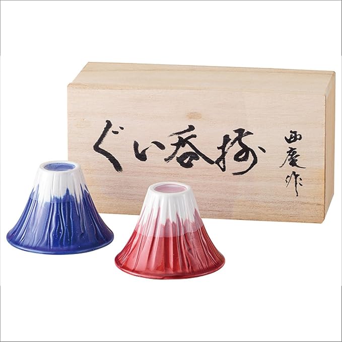 Japanese Sake Cup Mount Fuji Design Wine Soju Porcelain Ochoko Gifts (Blue Red, 2 Ochiko)