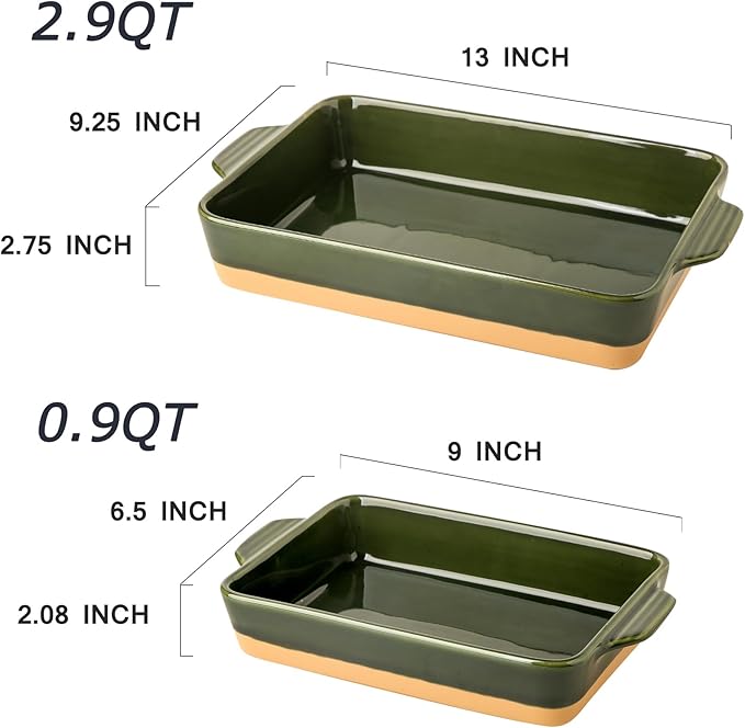 Ceramic Baking Casserole Dish with Handles, Large 9x13 inch Pan and Middle Baking Pan - Porcelain