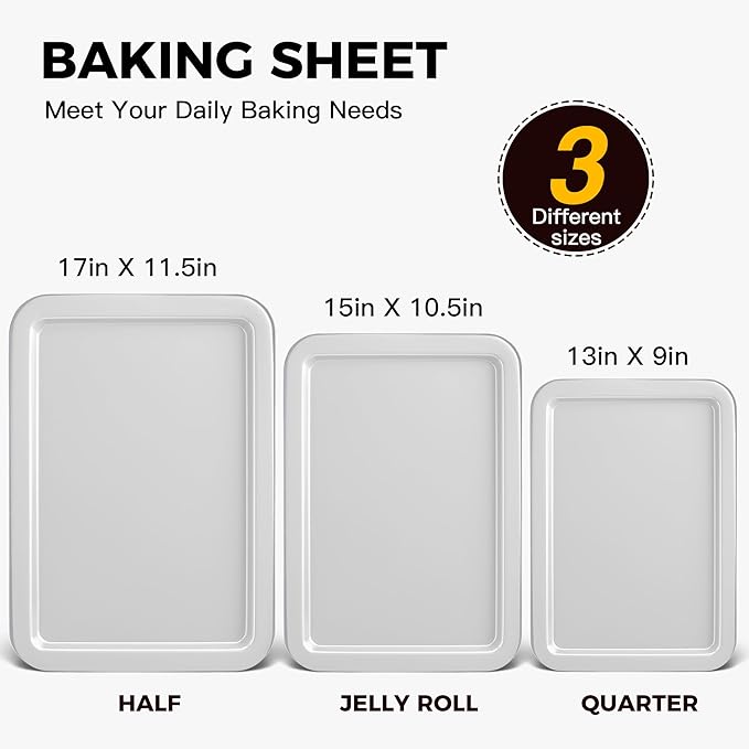 HONGBAKE Cookie Sheet, Baking Sheet Set, Nonstick Oven Pan with Wider Grips,3 Pack, Avoid Too Much