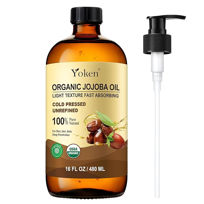 Yoken Organic Jojoba Oil Glass Bottle 16 fl oz, USDA Certified 100% Pure & Natural Jojoba Oil for