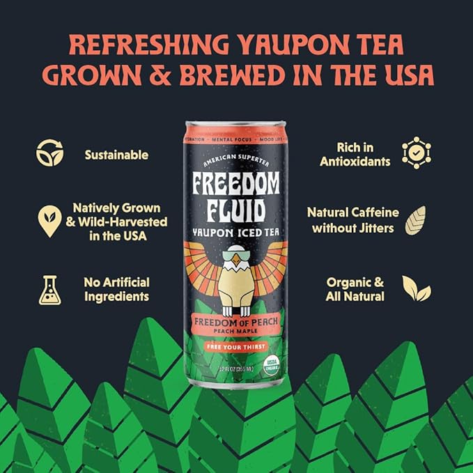 Freedom Fluid Organic Yaupon Iced Tea – Refreshing Peach | Herbal Tea Drink | Lightly Sweetened