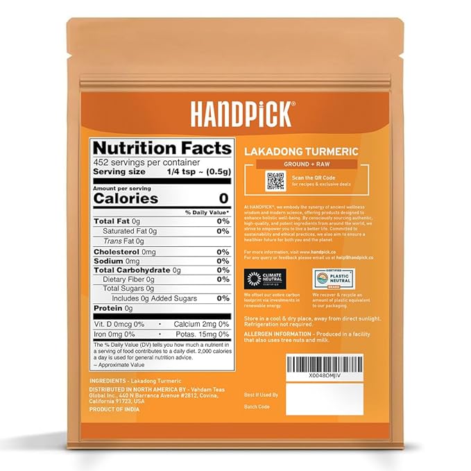 HANDPICK Lakadong High Curcumin Turmeric Powder (226g/ 8oz) Non GMO, Gluten Free, 100% Raw, Sourced