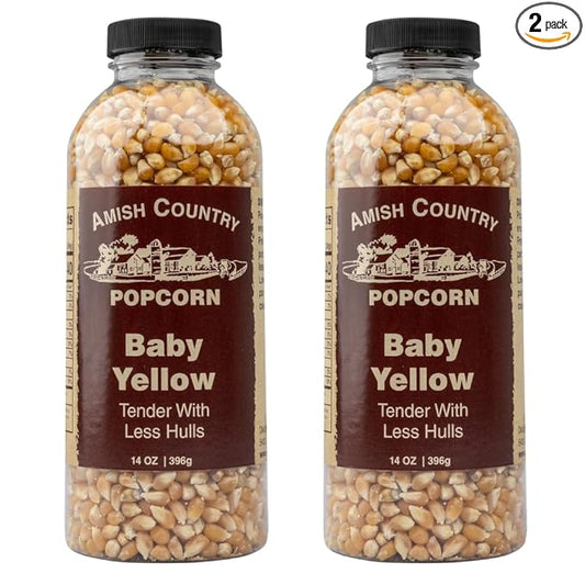 Amish Country Popcorn | 2-14 oz Bottles | Baby Yellow Popcorn Kernels | Old Fashioned, Non-GMO and