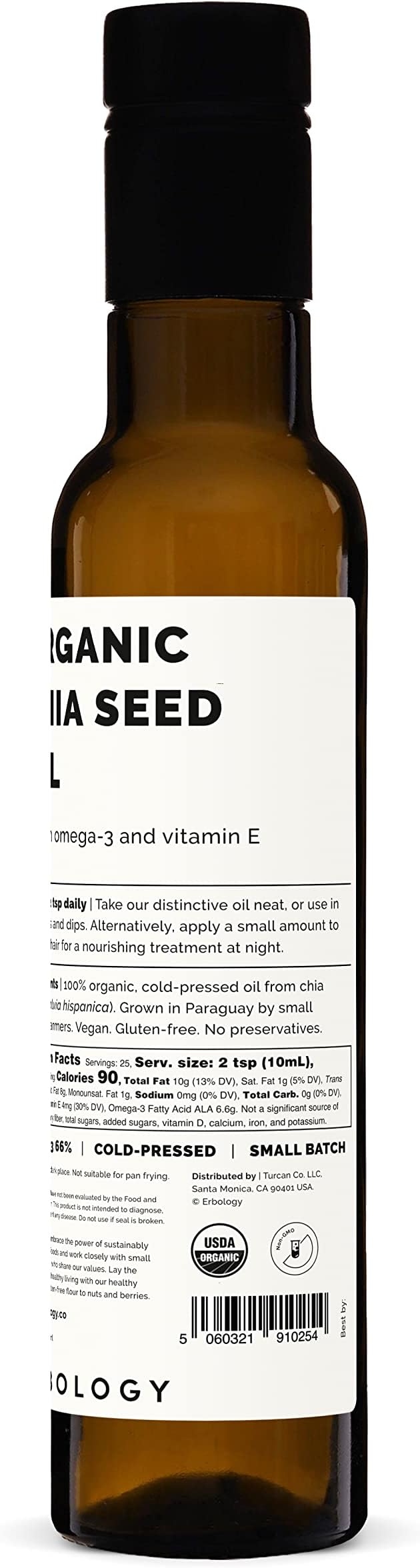 Erbology Organic Chia Seed Oil 8.5 fl oz - Cold-Pressed - Rich in Omega-3 (66%) and Vitamin E (330%
