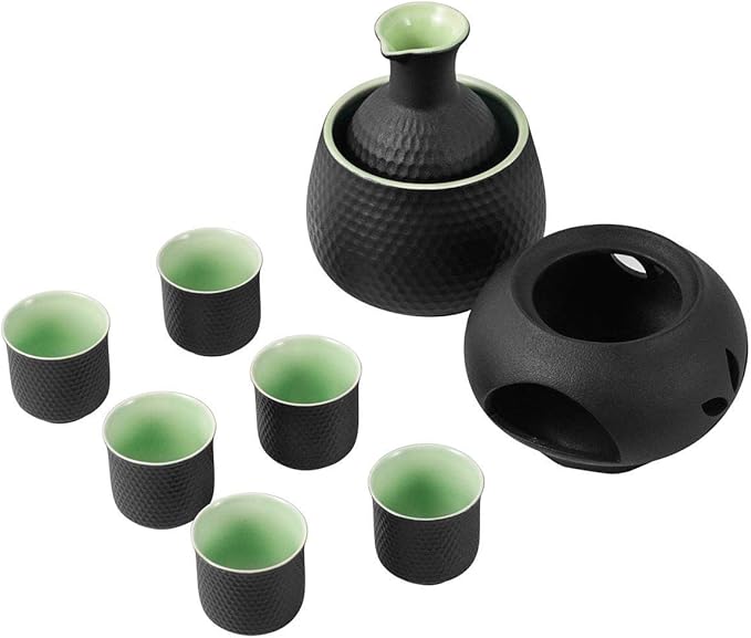 Ceramic Sake Set Cups with Warmer Keep Sake Storage Box, Traditional Porcelain Pottery Hot Saki