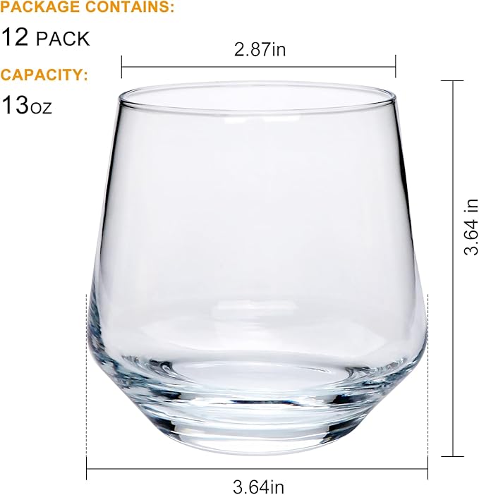Wine Glasses Set of 12, 13 oz Heavy Base Glasses Drinking Glasses for Scotch, Cocktail, Whiskey and