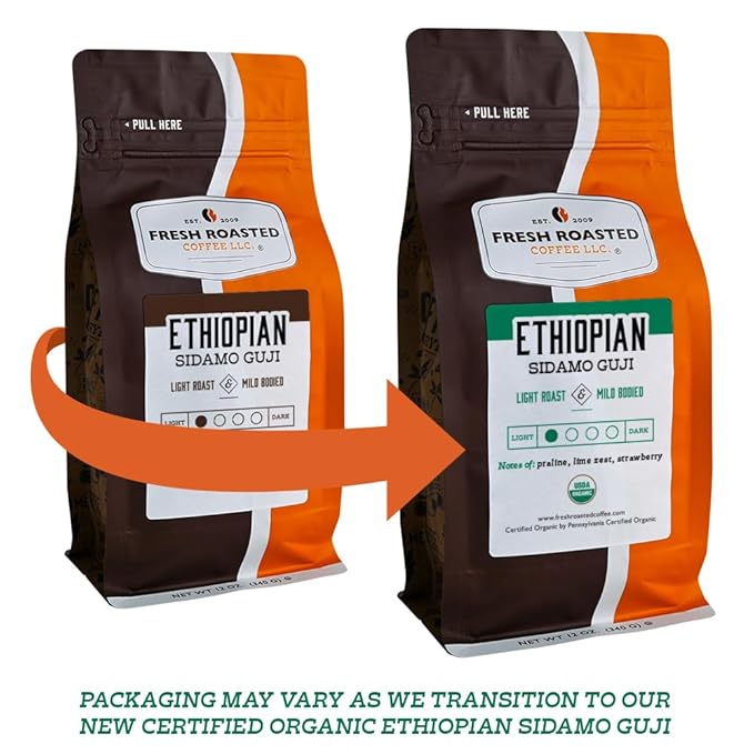 Fresh Roasted Coffee, Organic Ethiopian Sidamo Natural | USDA Organic, 100% Single Origin, Kosher |