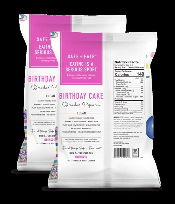 Safe + Fair Birthday Cake Drizzled Popcorn - Gluten-Free, Dairy Free and Vegan Snack - Free From