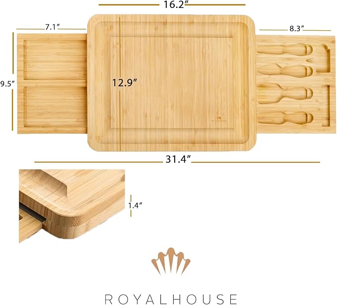 RoyalHouse Unique Bamboo Cheese Board and Knife Set with 2 Slide-Out Cutlery Drawers - Charcuterie