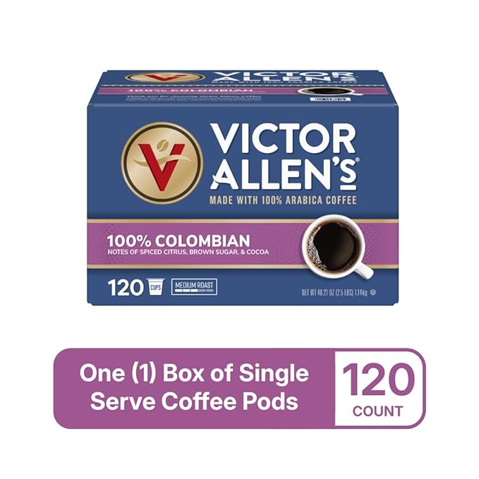 Victor Allen's Coffee 100% Colombian, Medium Roast, 120 Count, Single Serve Coffee Pods for Keurig