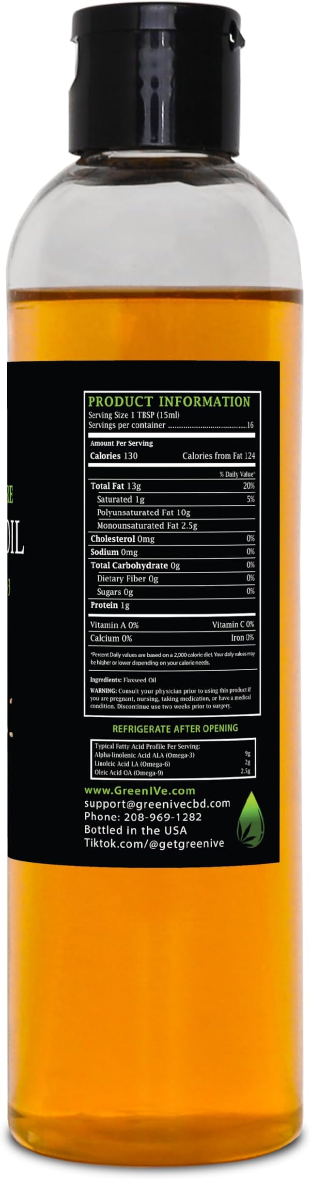 GreenIVe Flax Seed Oil Organically Grown100% Pure Cold Pressed High Vegan Omega Fatty Acids (8 Fl