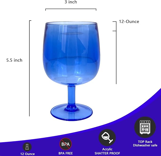 Yalin Set of 6 Unbreakable 12 oz Acrylic Plastic Wine and Water Tumbler Stackable Goblets. (Blue