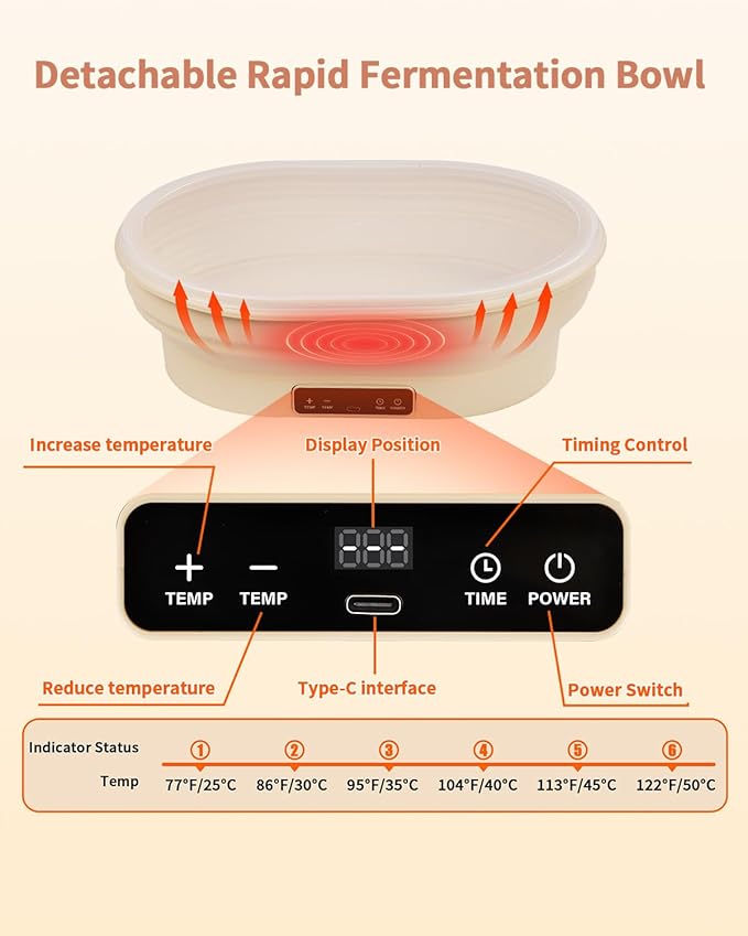 4L Heating Bread Proofing Basket Set Foldable Thermostatic Silicone Bowl with 77-122??6 Gears
